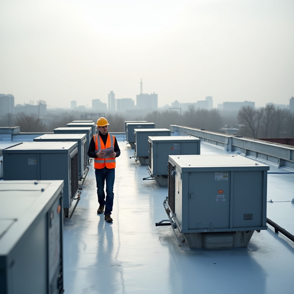 Rooftop air conditioning condenser units installed on a flat commercial building roof