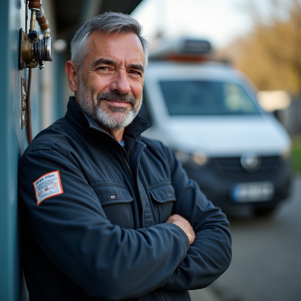 F-gas qualified engineer in branded workwear standing beside refrigerant handling equipment