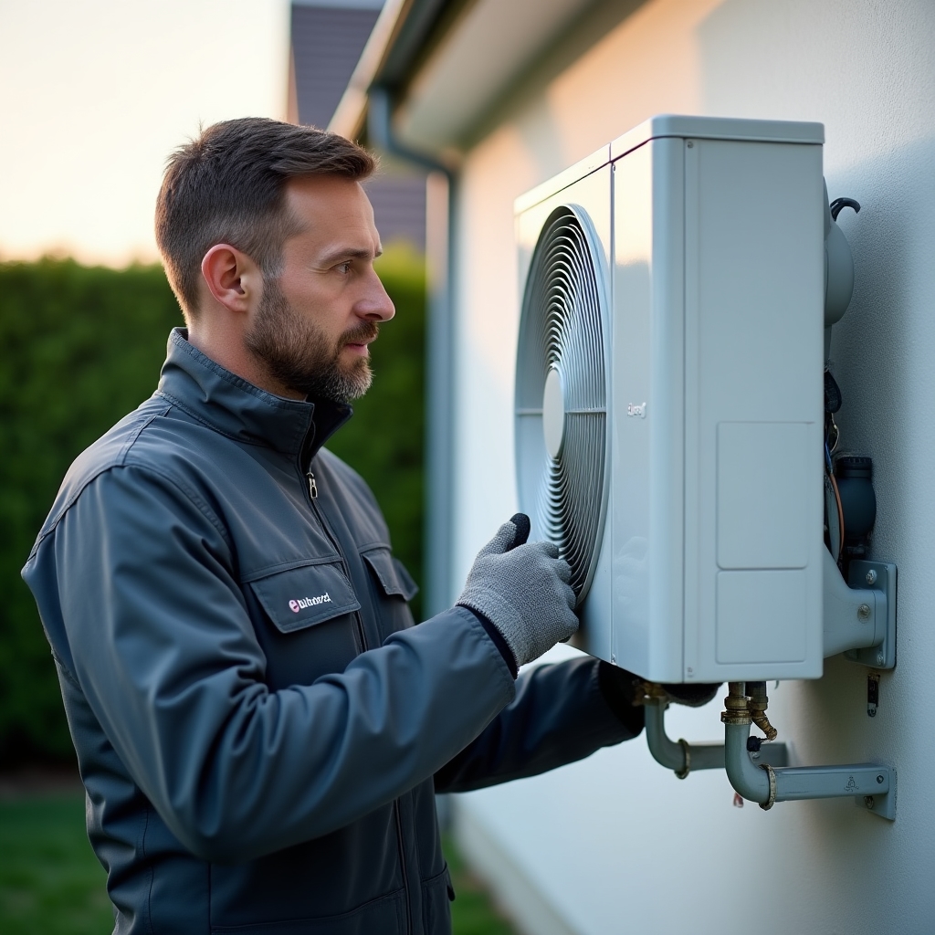 Engineer in workwear installing an outdoor heat pump unit against a rendered house exterior wall in daylight