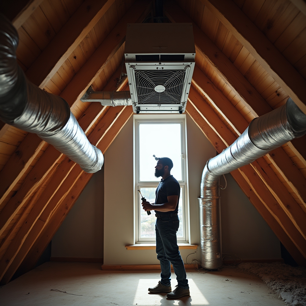 Mechanical ventilation with heat recovery unit installed among insulated ductwork in a loft space