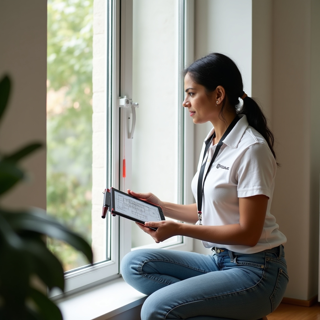 Engineer measuring room dimensions and inspecting a window frame during a free site assessment