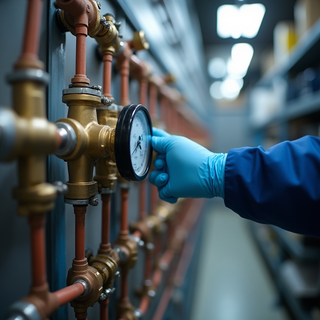 Underfloor heating manifold with multiple pipe loops and flow meters mounted on a plant room wall